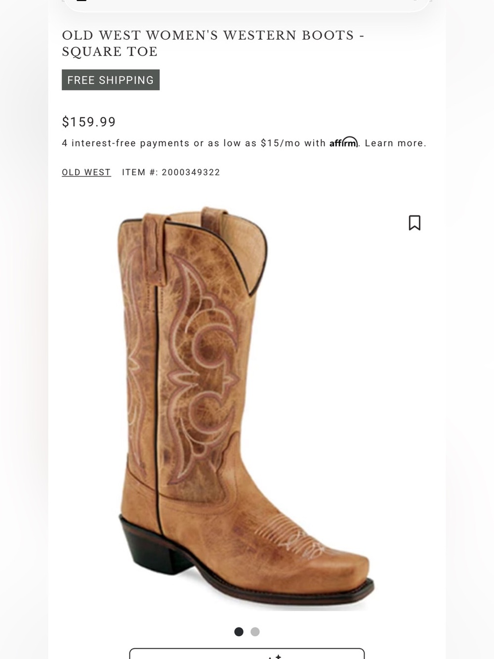 Old West Women's Tan Western Embroidered Leather Boots Square Toe